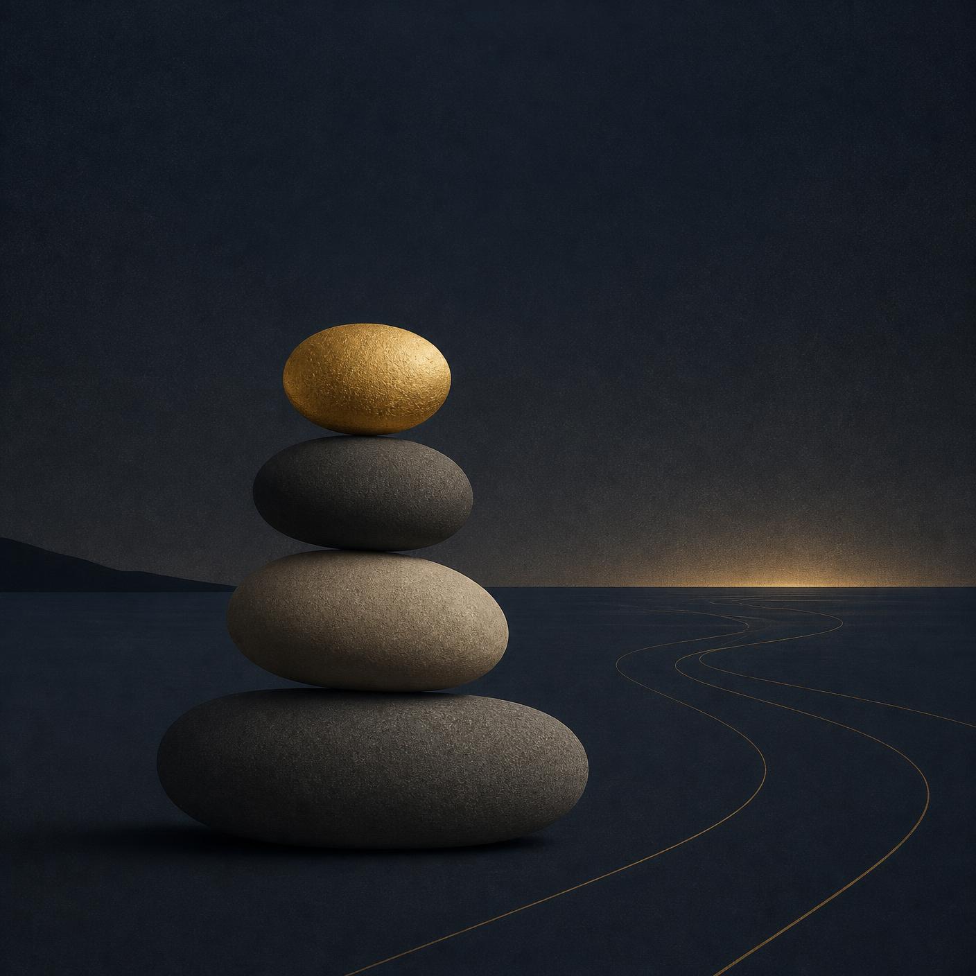 Abstract cairn of four stacked stones with a gold summit stone beside a distant horizon and winding path